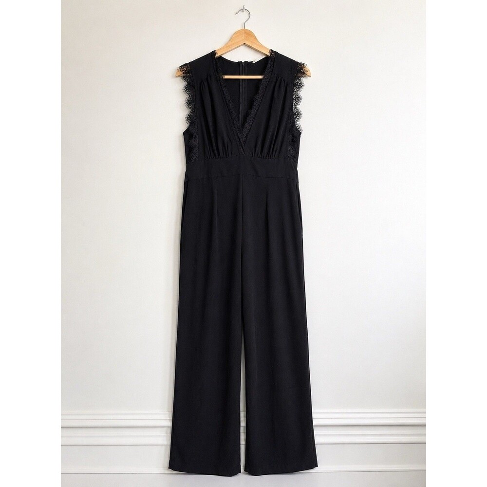 Altar’d State Black Lace Wide Leg Jumpsuit Deep V Evening Romper